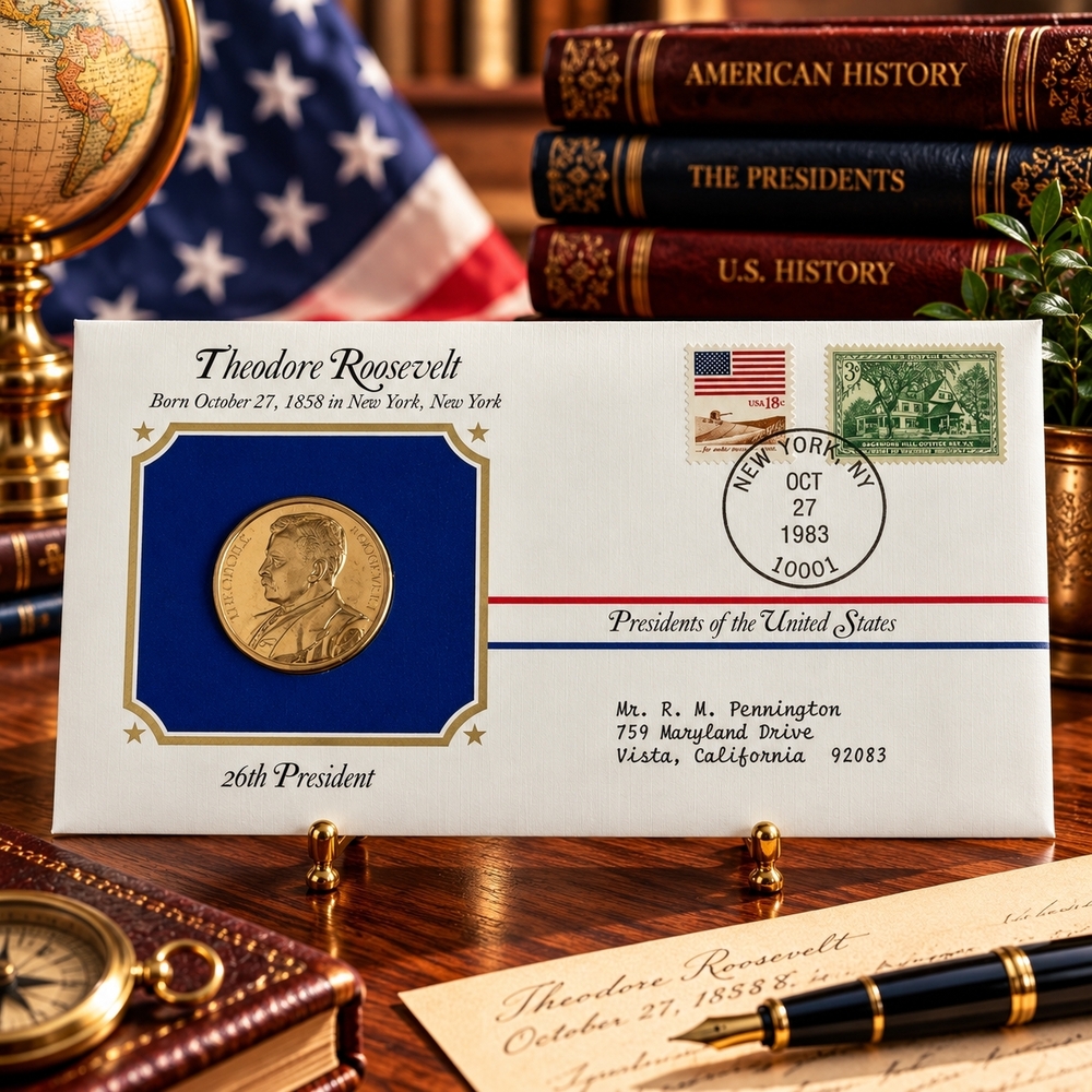 Theodore Roosevelt 26th President Postal Commemorative Society Gold Medal Cover